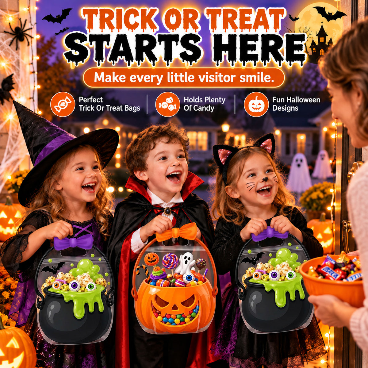 Halloween Plastic Goodie Bags, Trick or Treat Candy Bags 🎃