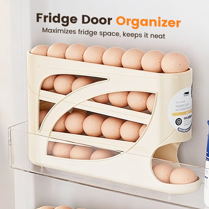 🥚Space-Saving Fridge Egg Storage Organizer – Gravity-Fed Auto Roll, 30-Egg Capacity & Slim Door-Fit Design 🏠