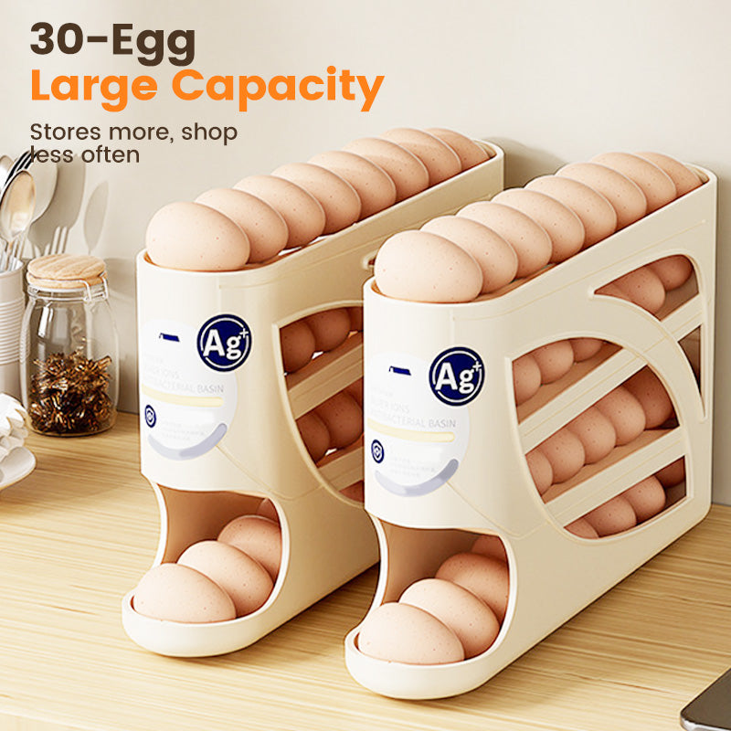 🥚Space-Saving Fridge Egg Storage Organizer – Gravity-Fed Auto Roll, 30-Egg Capacity & Slim Door-Fit Design 🏠
